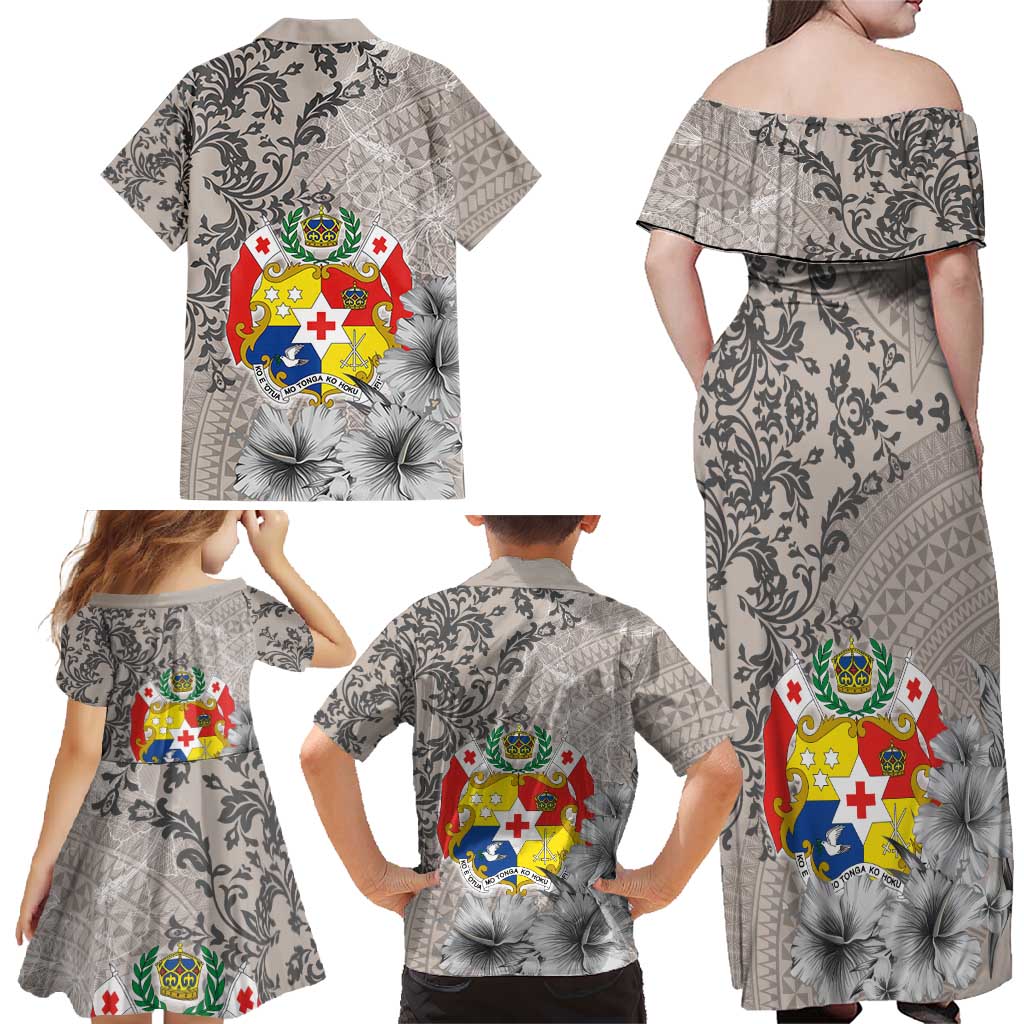 Tonga Culture Family Matching Off Shoulder Maxi Dress and Hawaiian Shirt Ngatu Pattern and Blooming Hibiscus LT03 - Polynesian Pride