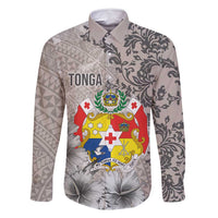 Tonga Culture Family Matching Off Shoulder Maxi Dress and Hawaiian Shirt Ngatu Pattern and Blooming Hibiscus LT03 Dad's Shirt - Long Sleeve Light Gray - Polynesian Pride