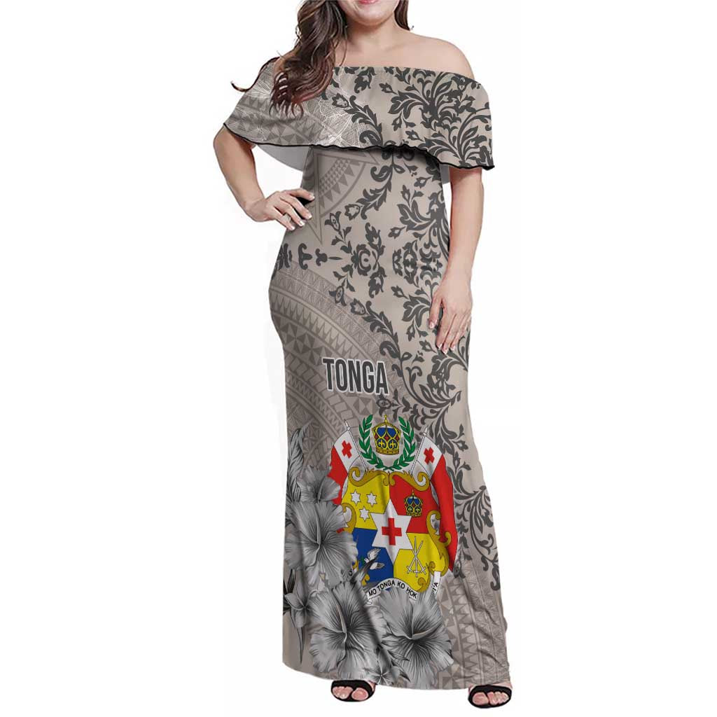 Tonga Culture Family Matching Off Shoulder Maxi Dress and Hawaiian Shirt Ngatu Pattern and Blooming Hibiscus LT03 Mom's Dress Light Gray - Polynesian Pride