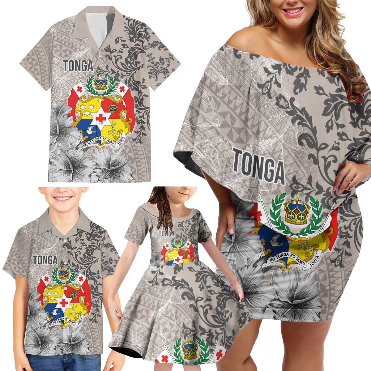 Tonga Culture Family Matching Off Shoulder Short Dress and Hawaiian Shirt Ngatu Pattern and Blooming Hibiscus LT03 - Polynesian Pride