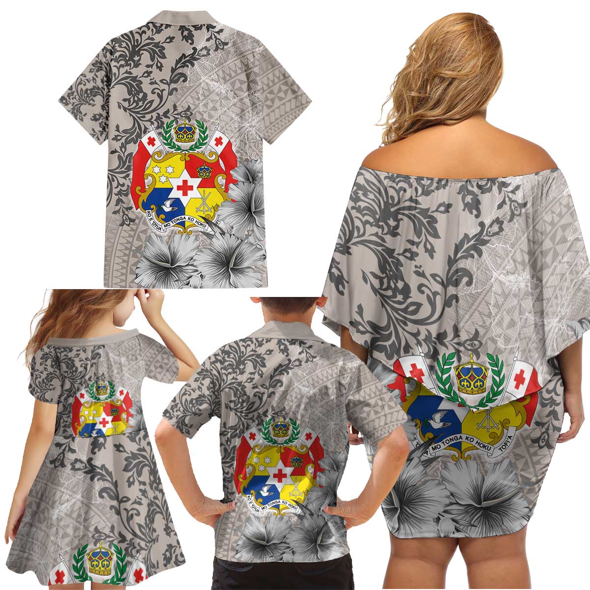 Tonga Culture Family Matching Off Shoulder Short Dress and Hawaiian Shirt Ngatu Pattern and Blooming Hibiscus LT03 - Polynesian Pride