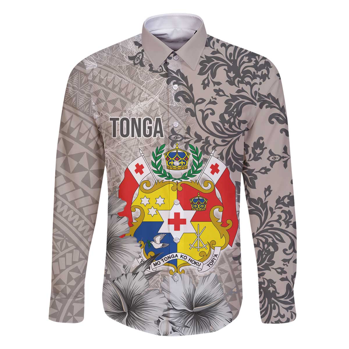 Tonga Culture Family Matching Off Shoulder Short Dress and Hawaiian Shirt Ngatu Pattern and Blooming Hibiscus LT03 Dad's Shirt - Long Sleeve Light Gray - Polynesian Pride