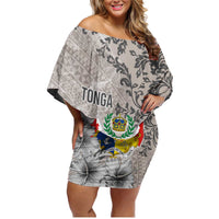 Tonga Culture Family Matching Off Shoulder Short Dress and Hawaiian Shirt Ngatu Pattern and Blooming Hibiscus LT03 Mom's Dress Light Gray - Polynesian Pride