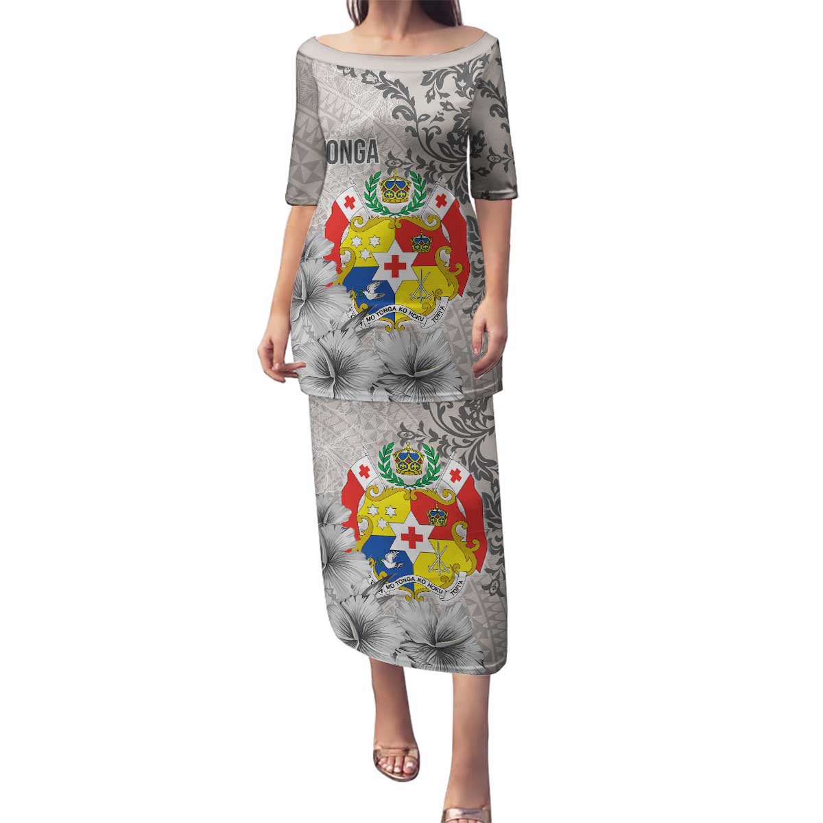 Tonga Culture Family Matching Puletasi and Hawaiian Shirt Ngatu Pattern and Blooming Hibiscus LT03 Mom's Dress Light Gray - Polynesian Pride
