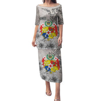 Tonga Culture Family Matching Puletasi and Hawaiian Shirt Ngatu Pattern and Blooming Hibiscus LT03 Mom's Dress Light Gray - Polynesian Pride