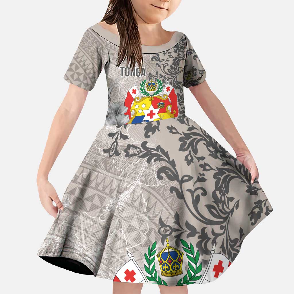 Tonga Culture Family Matching Summer Maxi Dress and Hawaiian Shirt Ngatu Pattern and Blooming Hibiscus LT03 Daughter's Dress Light Gray - Polynesian Pride