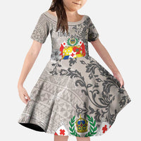 Tonga Culture Family Matching Summer Maxi Dress and Hawaiian Shirt Ngatu Pattern and Blooming Hibiscus LT03 Daughter's Dress Light Gray - Polynesian Pride