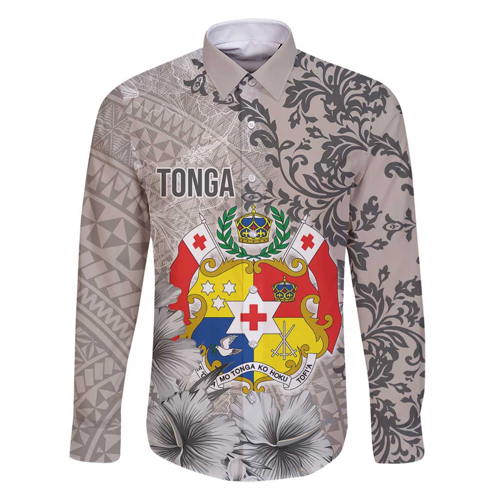 Tonga Culture Family Matching Summer Maxi Dress and Hawaiian Shirt Ngatu Pattern and Blooming Hibiscus LT03 Dad's Shirt - Long Sleeve Light Gray - Polynesian Pride
