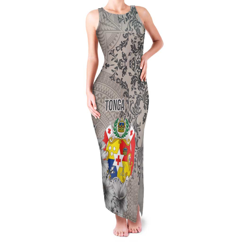 Tonga Culture Family Matching Tank Maxi Dress and Hawaiian Shirt Ngatu Pattern and Blooming Hibiscus LT03 Mom's Dress Light Gray - Polynesian Pride