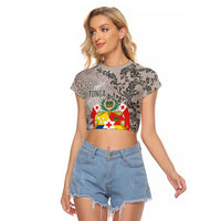 Tonga Culture Raglan Cropped T Shirt Ngatu Pattern and Blooming Hibiscus LT03 Female Light Gray - Polynesian Pride