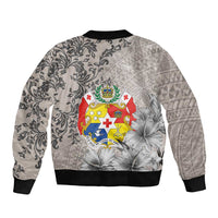 Tonga Culture Sleeve Zip Bomber Jacket Ngatu Pattern and Blooming Hibiscus
