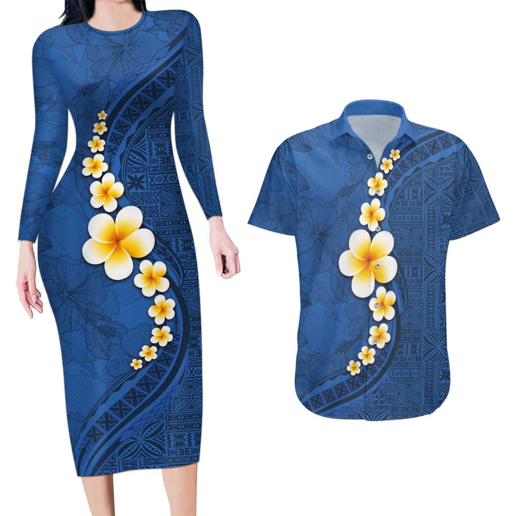 Polynesian Hibiscus and Plumeria with Tapa Pattern Couples Matching Long Sleeve Bodycon Dress and Hawaiian Shirt Blue Color LT03 Blue - Polynesian Pride