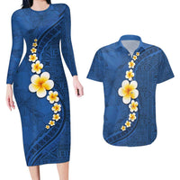 Polynesian Hibiscus and Plumeria with Tapa Pattern Couples Matching Long Sleeve Bodycon Dress and Hawaiian Shirt Blue Color LT03 Blue - Polynesian Pride