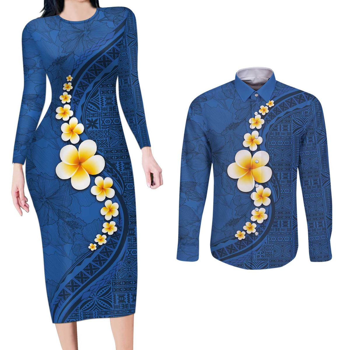 Polynesian Hibiscus and Plumeria with Tapa Pattern Couples Matching Long Sleeve Bodycon Dress and Long Sleeve Button Shirt Blue Color LT03 Blue - Polynesian Pride