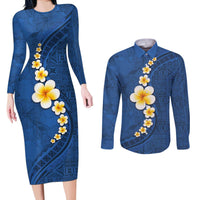 Polynesian Hibiscus and Plumeria with Tapa Pattern Couples Matching Long Sleeve Bodycon Dress and Long Sleeve Button Shirt Blue Color LT03 Blue - Polynesian Pride