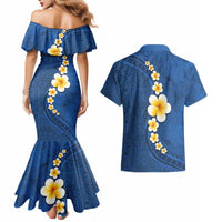 Polynesian Hibiscus and Plumeria with Tapa Pattern Couples Matching Mermaid Dress and Hawaiian Shirt Blue Color LT03 - Polynesian Pride