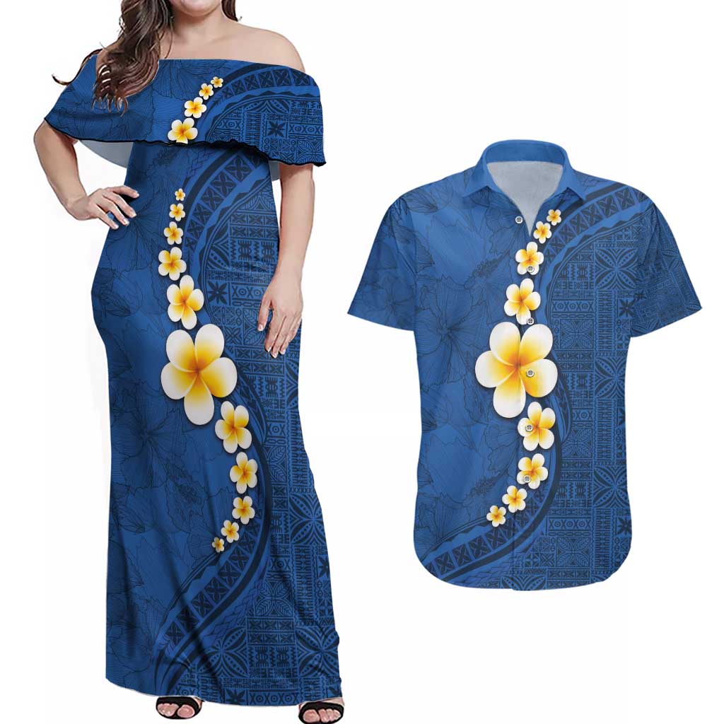 Polynesian Hibiscus and Plumeria with Tapa Pattern Couples Matching Off Shoulder Maxi Dress and Hawaiian Shirt Blue Color LT03 Blue - Polynesian Pride
