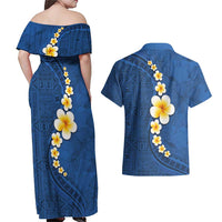 Polynesian Hibiscus and Plumeria with Tapa Pattern Couples Matching Off Shoulder Maxi Dress and Hawaiian Shirt Blue Color LT03 - Polynesian Pride