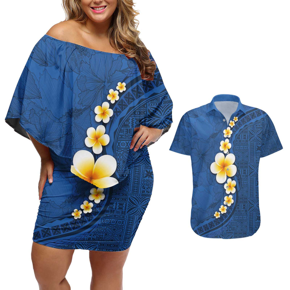 Polynesian Hibiscus and Plumeria with Tapa Pattern Couples Matching Off Shoulder Short Dress and Hawaiian Shirt Blue Color LT03 Blue - Polynesian Pride