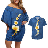 Polynesian Hibiscus and Plumeria with Tapa Pattern Couples Matching Off Shoulder Short Dress and Hawaiian Shirt Blue Color LT03 Blue - Polynesian Pride