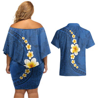 Polynesian Hibiscus and Plumeria with Tapa Pattern Couples Matching Off Shoulder Short Dress and Hawaiian Shirt Blue Color LT03 - Polynesian Pride