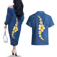 Polynesian Hibiscus and Plumeria with Tapa Pattern Couples Matching Off The Shoulder Long Sleeve Dress and Hawaiian Shirt Blue Color LT03 - Polynesian Pride