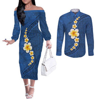 Polynesian Hibiscus and Plumeria with Tapa Pattern Couples Matching Off The Shoulder Long Sleeve Dress and Long Sleeve Button Shirt Blue Color LT03 Blue - Polynesian Pride