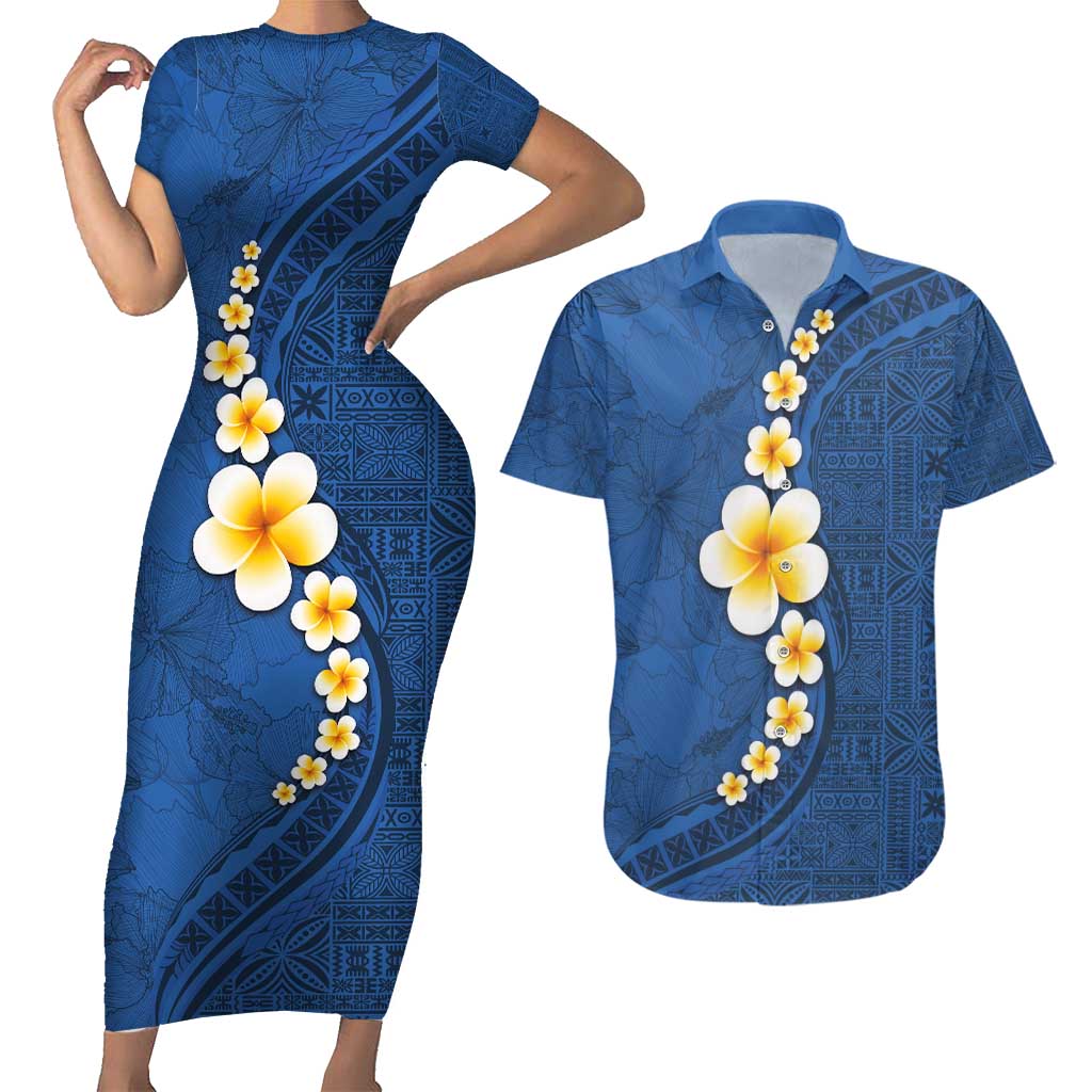 Polynesian Hibiscus and Plumeria with Tapa Pattern Couples Matching Short Sleeve Bodycon Dress and Hawaiian Shirt Blue Color LT03 Blue - Polynesian Pride