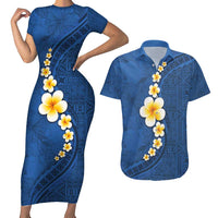 Polynesian Hibiscus and Plumeria with Tapa Pattern Couples Matching Short Sleeve Bodycon Dress and Hawaiian Shirt Blue Color LT03 Blue - Polynesian Pride