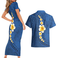 Polynesian Hibiscus and Plumeria with Tapa Pattern Couples Matching Short Sleeve Bodycon Dress and Hawaiian Shirt Blue Color LT03 - Polynesian Pride