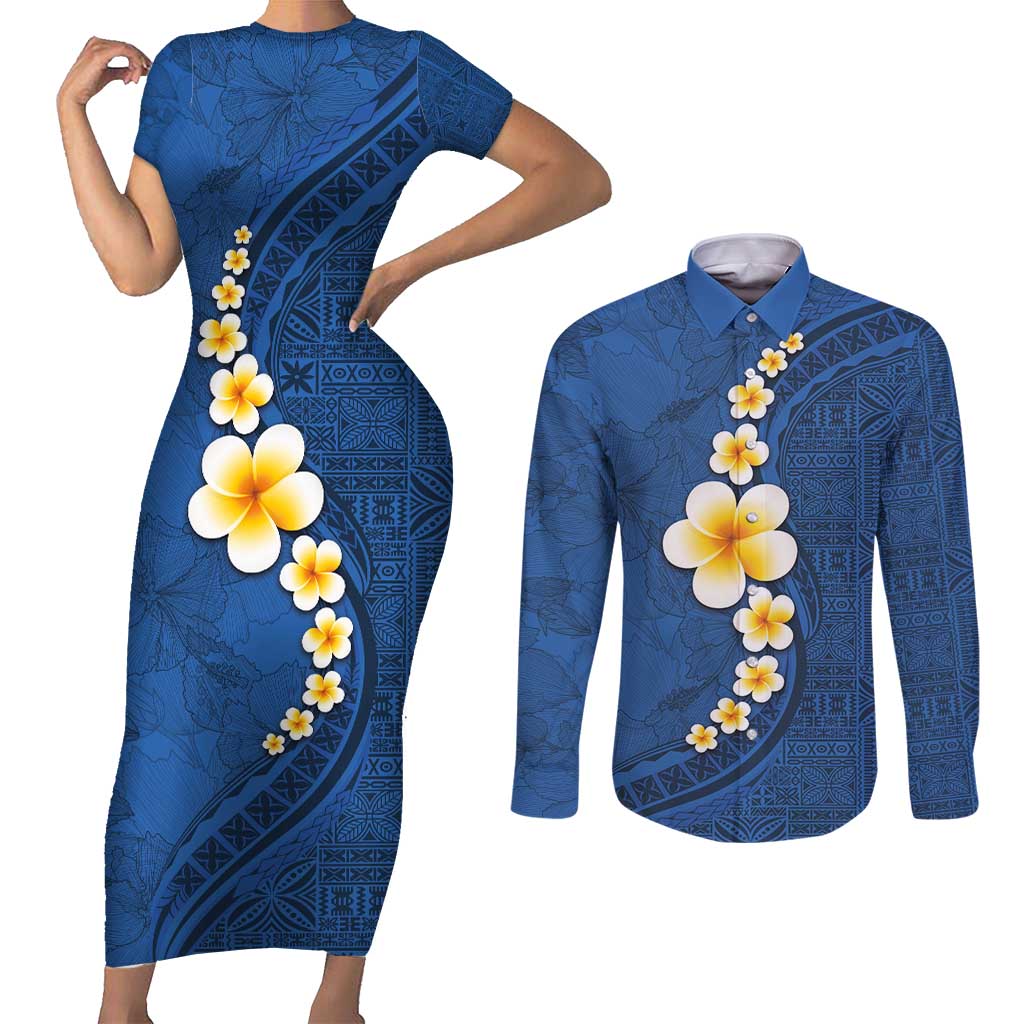 Polynesian Hibiscus and Plumeria with Tapa Pattern Couples Matching Short Sleeve Bodycon Dress and Long Sleeve Button Shirt Blue Color LT03 Blue - Polynesian Pride
