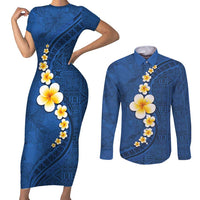 Polynesian Hibiscus and Plumeria with Tapa Pattern Couples Matching Short Sleeve Bodycon Dress and Long Sleeve Button Shirt Blue Color LT03 Blue - Polynesian Pride