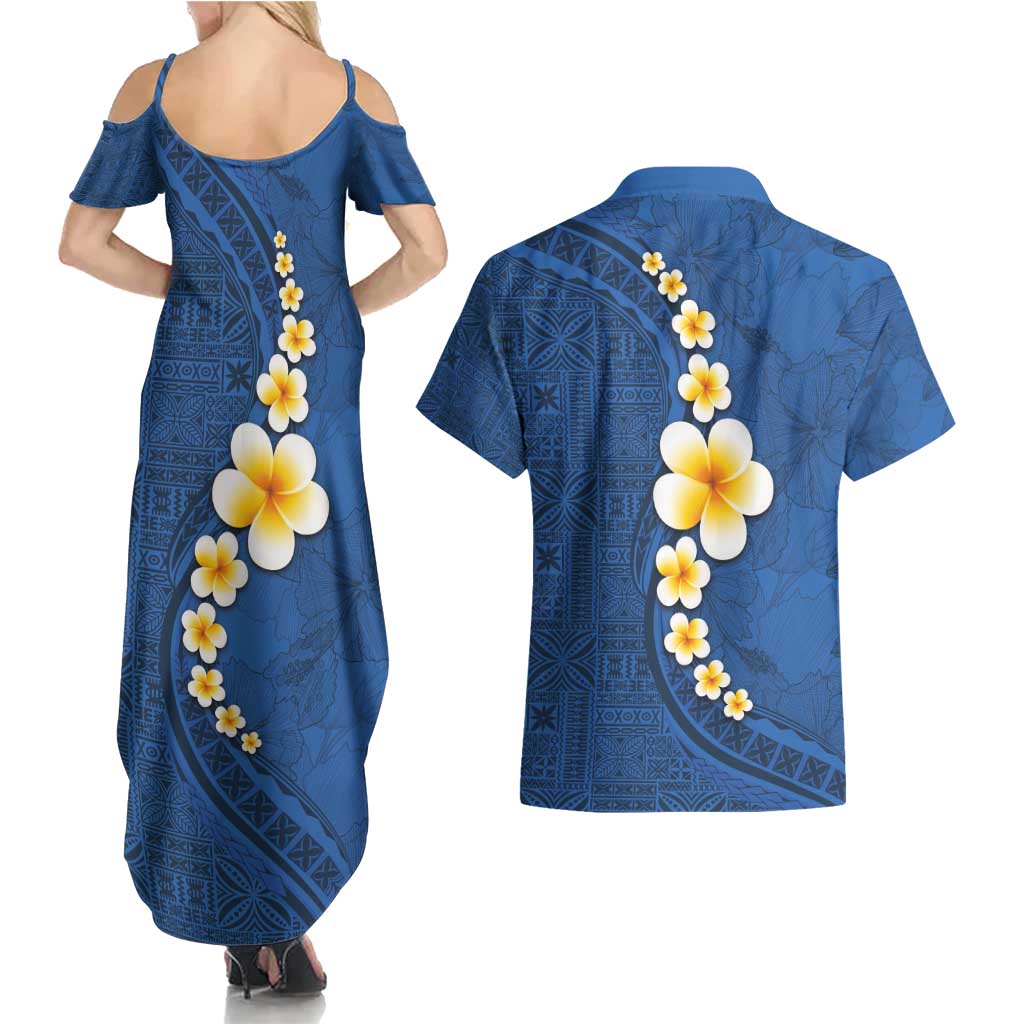 Polynesian Hibiscus and Plumeria with Tapa Pattern Couples Matching Summer Maxi Dress and Hawaiian Shirt Blue Color LT03 - Polynesian Pride