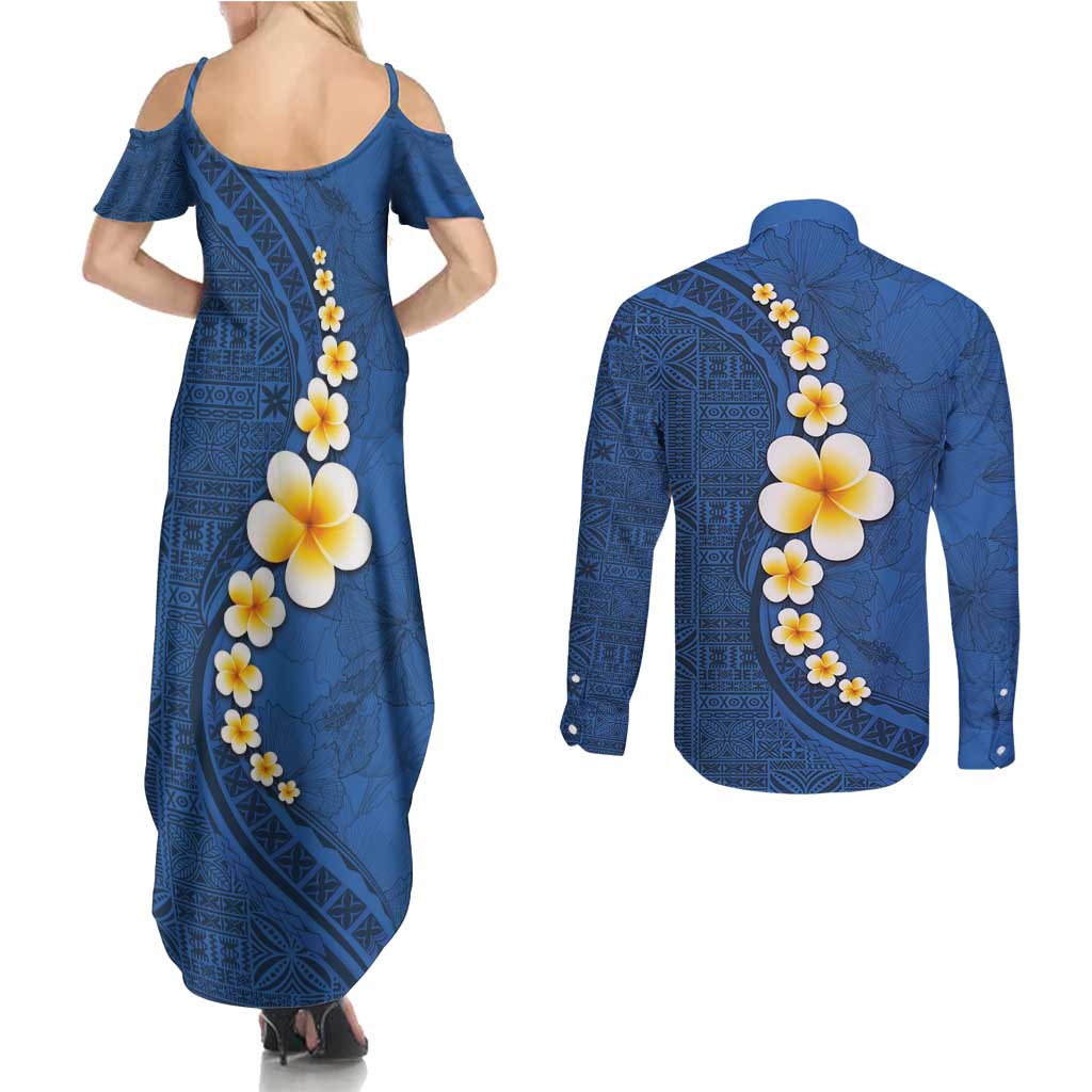 Polynesian Hibiscus and Plumeria with Tapa Pattern Couples Matching Summer Maxi Dress and Long Sleeve Button Shirt Blue Color