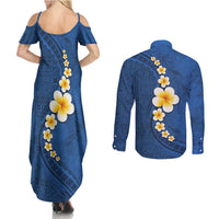 Polynesian Hibiscus and Plumeria with Tapa Pattern Couples Matching Summer Maxi Dress and Long Sleeve Button Shirt Blue Color