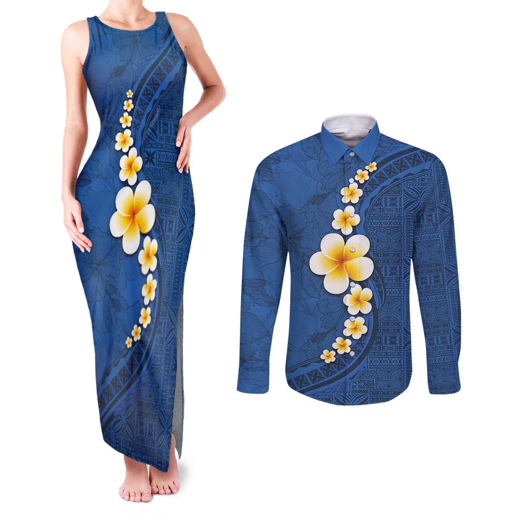 Polynesian Hibiscus and Plumeria with Tapa Pattern Couples Matching Tank Maxi Dress and Long Sleeve Button Shirt Blue Color