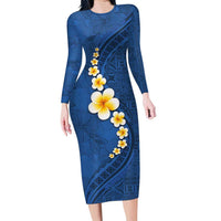 Polynesian Hibiscus and Plumeria with Tapa Pattern Family Matching Long Sleeve Bodycon Dress and Hawaiian Shirt Blue Color LT03 Mom's Dress Blue - Polynesian Pride
