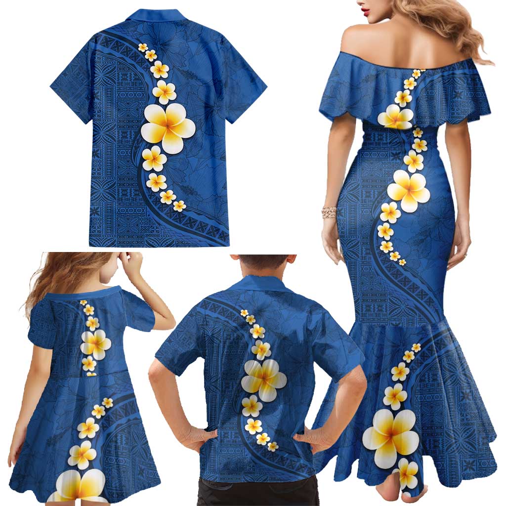 Polynesian Hibiscus and Plumeria with Tapa Pattern Family Matching Mermaid Dress and Hawaiian Shirt Blue Color LT03 - Polynesian Pride