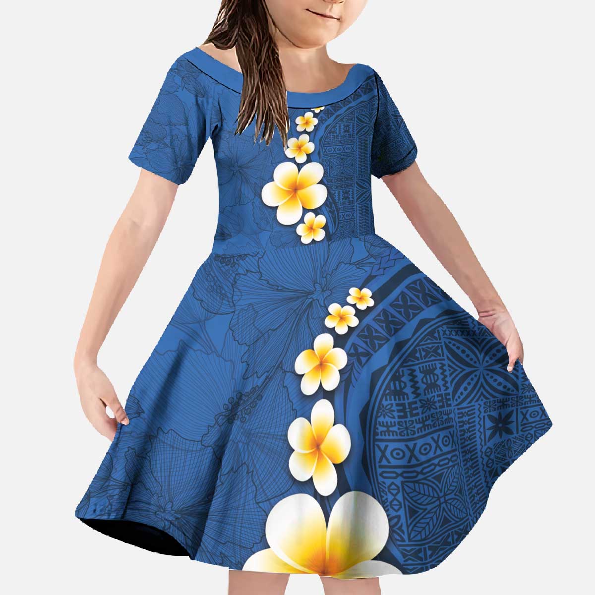 Polynesian Hibiscus and Plumeria with Tapa Pattern Family Matching Off The Shoulder Long Sleeve Dress and Hawaiian Shirt Blue Color LT03 Daughter's Dress Blue - Polynesian Pride