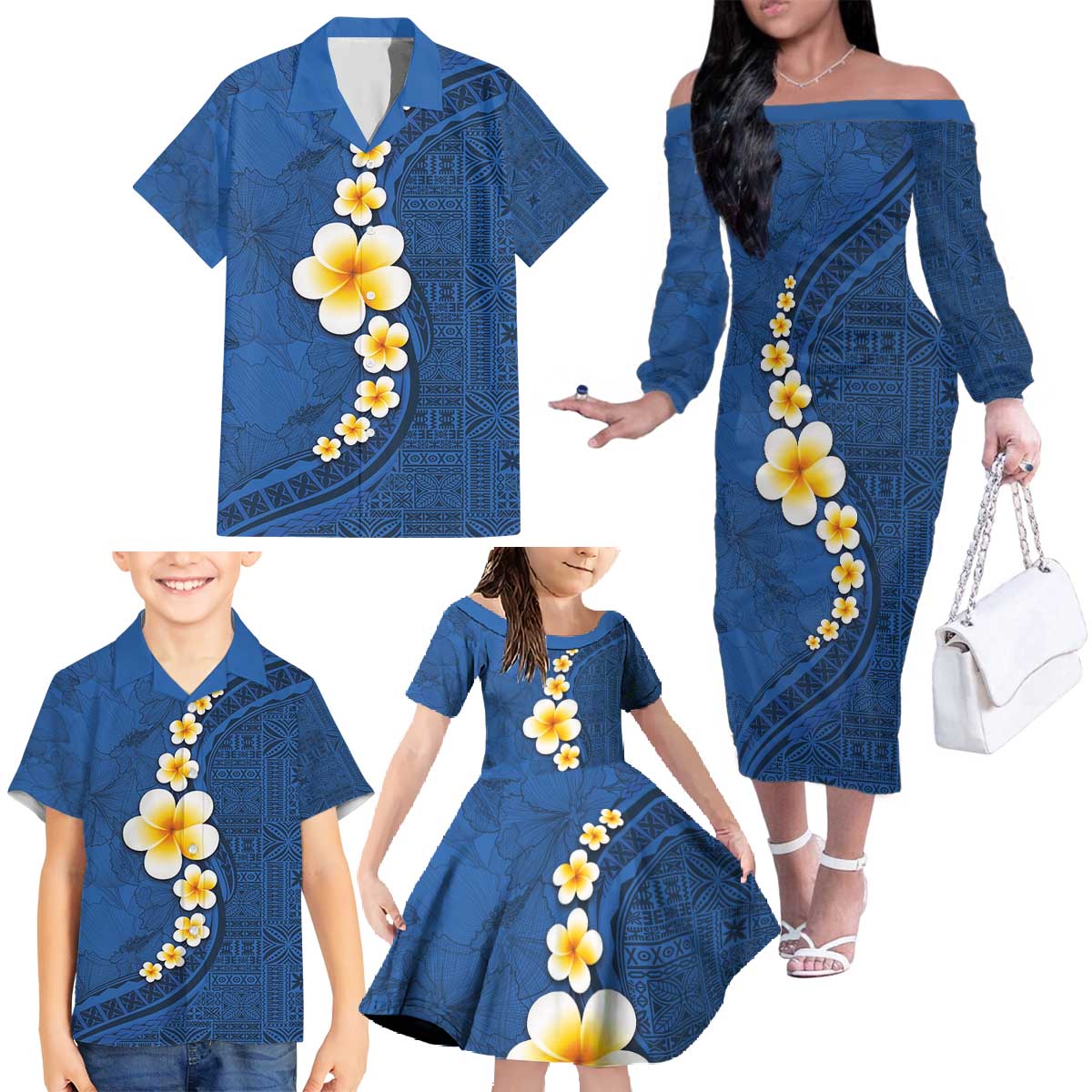 Polynesian Hibiscus and Plumeria with Tapa Pattern Family Matching Off The Shoulder Long Sleeve Dress and Hawaiian Shirt Blue Color LT03 - Polynesian Pride