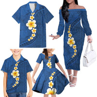 Polynesian Hibiscus and Plumeria with Tapa Pattern Family Matching Off The Shoulder Long Sleeve Dress and Hawaiian Shirt Blue Color LT03 - Polynesian Pride