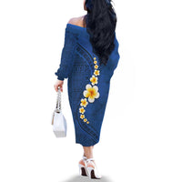 Polynesian Hibiscus and Plumeria with Tapa Pattern Family Matching Off The Shoulder Long Sleeve Dress and Hawaiian Shirt Blue Color LT03 - Polynesian Pride