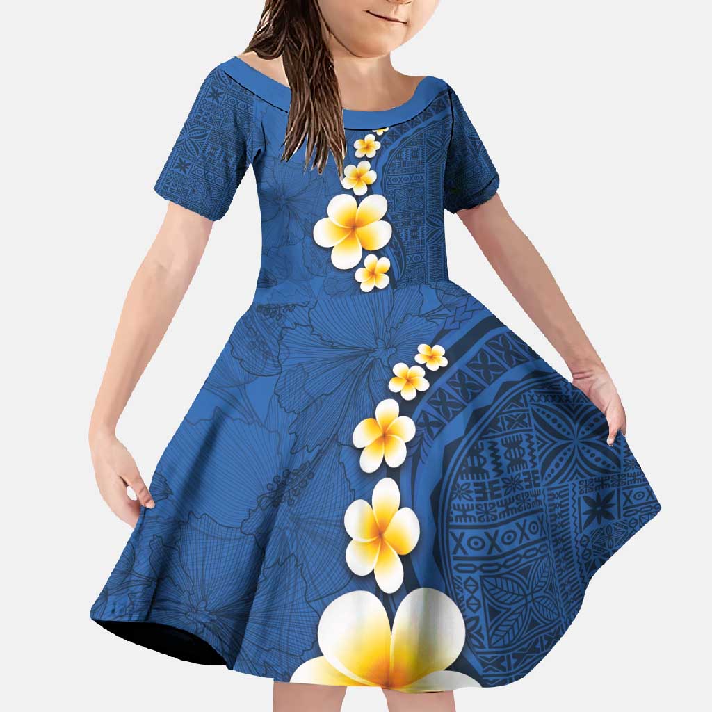 Polynesian Hibiscus and Plumeria with Tapa Pattern Family Matching Off Shoulder Maxi Dress and Hawaiian Shirt Blue Color LT03 Daughter's Dress Blue - Polynesian Pride
