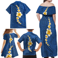 Polynesian Hibiscus and Plumeria with Tapa Pattern Family Matching Off Shoulder Maxi Dress and Hawaiian Shirt Blue Color LT03 - Polynesian Pride