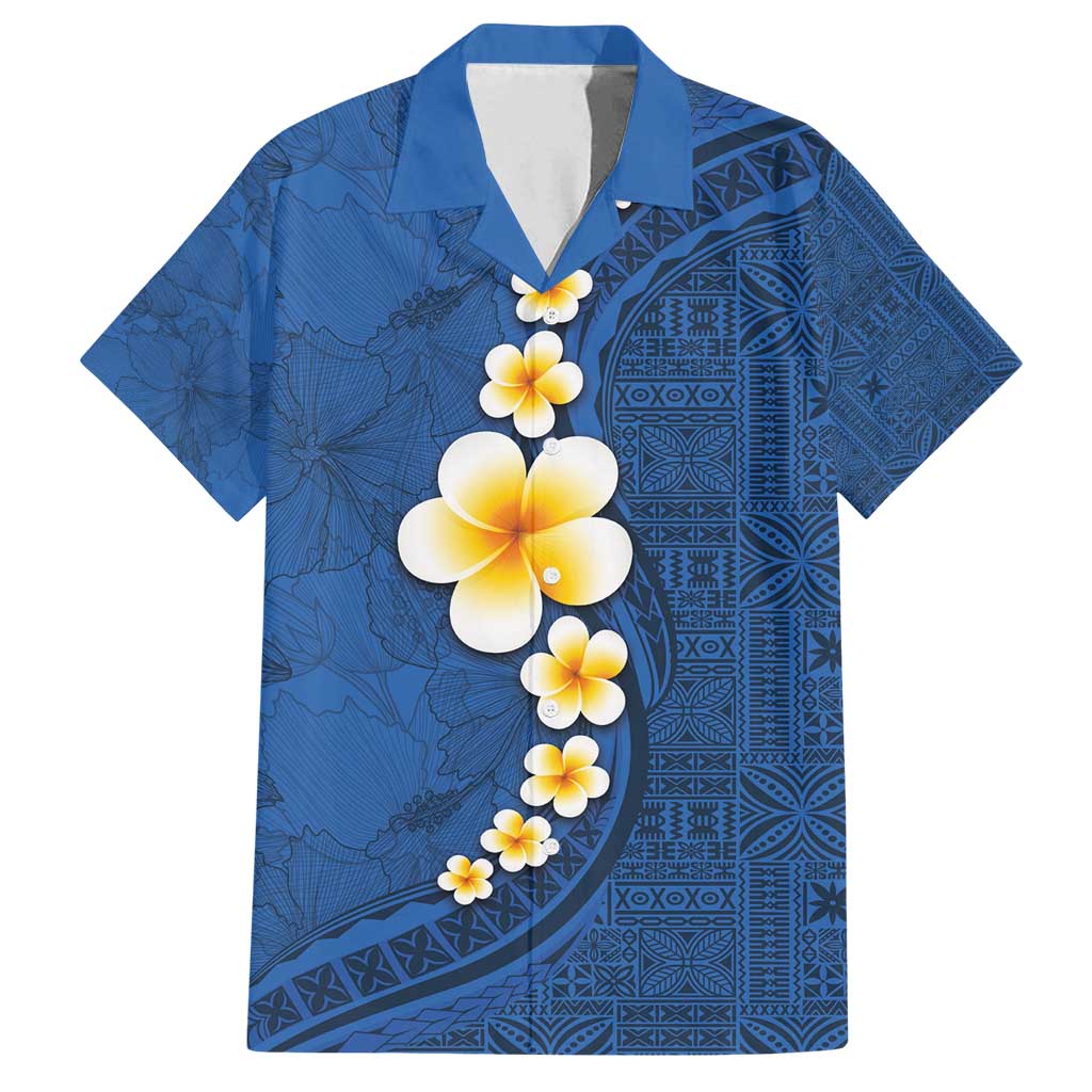 Polynesian Hibiscus and Plumeria with Tapa Pattern Family Matching Off Shoulder Maxi Dress and Hawaiian Shirt Blue Color LT03 Dad's Shirt - Short Sleeve Blue - Polynesian Pride