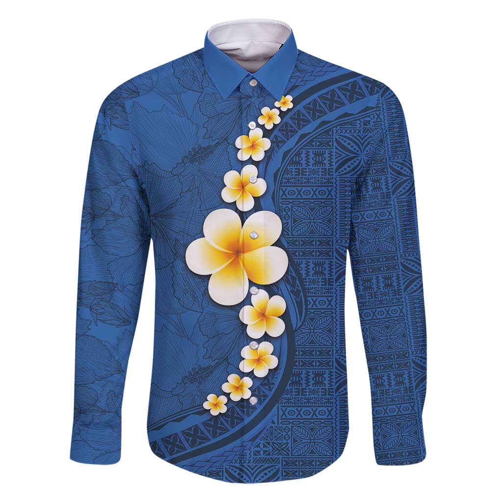 Polynesian Hibiscus and Plumeria with Tapa Pattern Family Matching Off Shoulder Maxi Dress and Hawaiian Shirt Blue Color LT03 Dad's Shirt - Long Sleeve Blue - Polynesian Pride