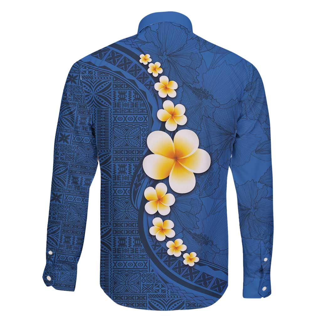 Polynesian Hibiscus and Plumeria with Tapa Pattern Family Matching Off Shoulder Maxi Dress and Hawaiian Shirt Blue Color LT03 - Polynesian Pride