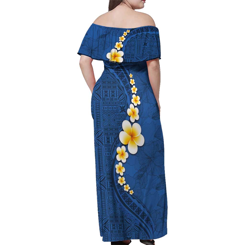 Polynesian Hibiscus and Plumeria with Tapa Pattern Family Matching Off Shoulder Maxi Dress and Hawaiian Shirt Blue Color LT03 - Polynesian Pride