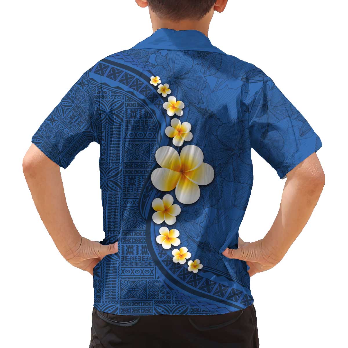 Polynesian Hibiscus and Plumeria with Tapa Pattern Family Matching Off Shoulder Short Dress and Hawaiian Shirt Blue Color LT03 - Polynesian Pride