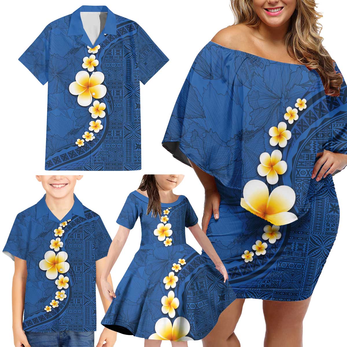 Polynesian Hibiscus and Plumeria with Tapa Pattern Family Matching Off Shoulder Short Dress and Hawaiian Shirt Blue Color LT03 - Polynesian Pride